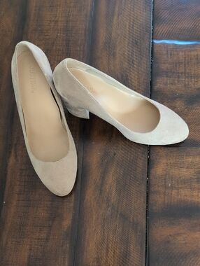 JustFab Beige Suede Block Heel Pumps